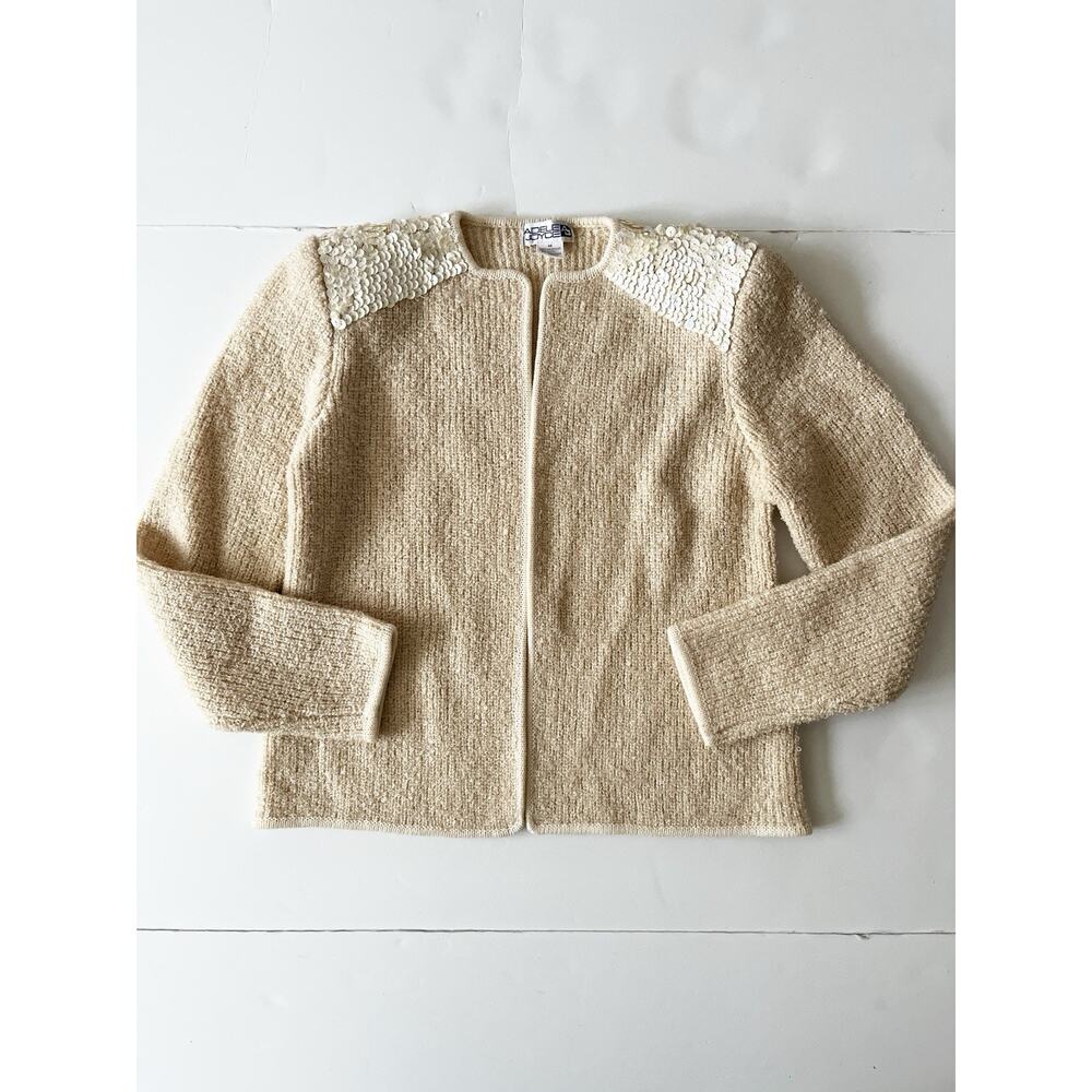 Vintage Adele Joyce Tweed Sweater Cardigan Woman M Cream Wool Blend Sequin Open